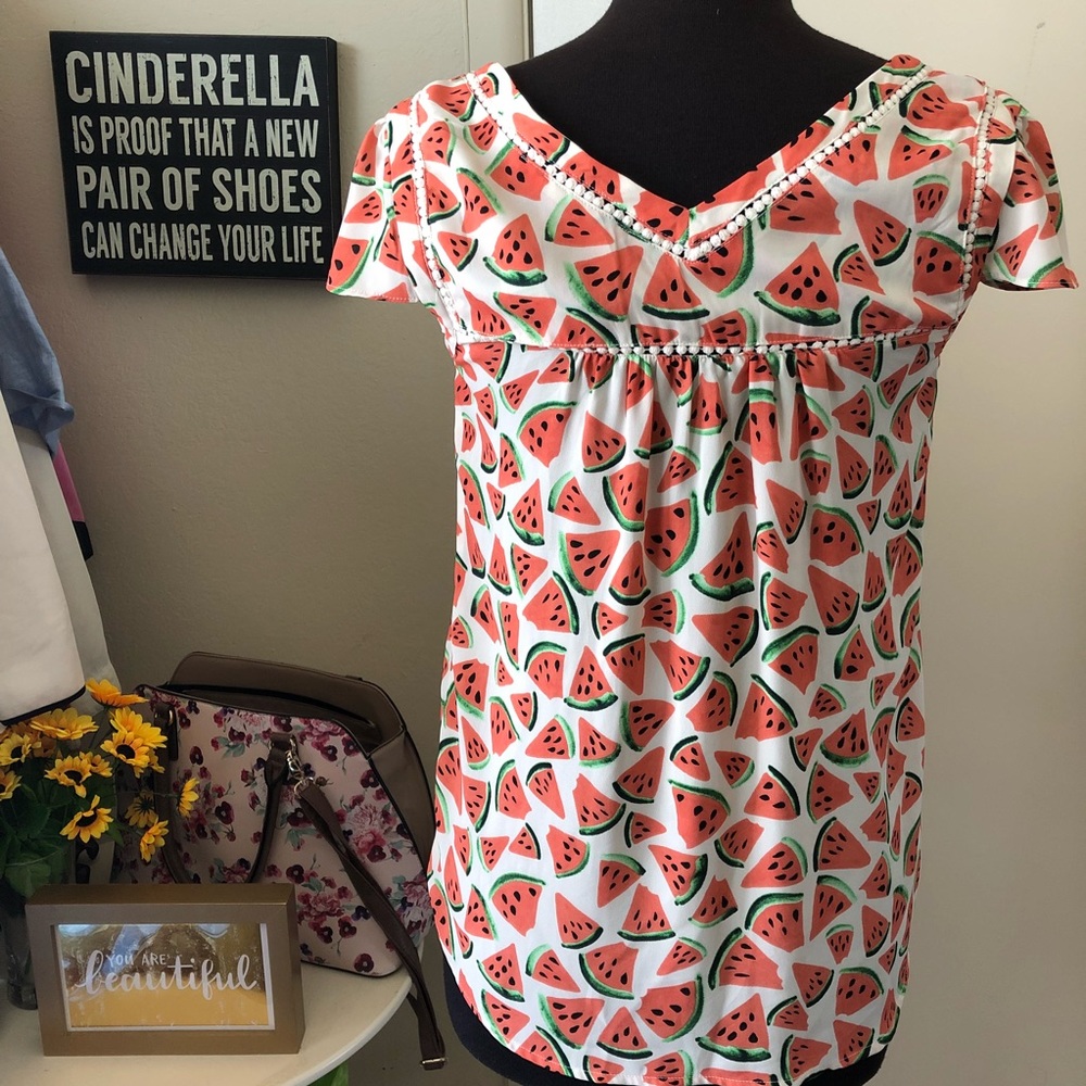Anthropologie Watermelon Print Short Sleeve V-Neck Top - Coral, White, Green - Picture 4 of 5